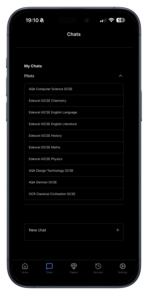 Chats page with Pilots menu open